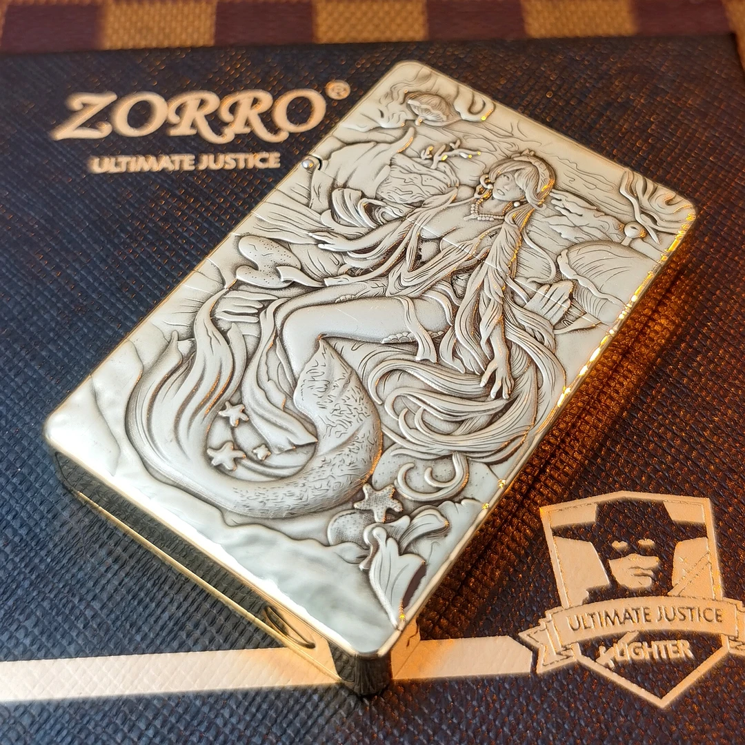 ZORRO佐罗超薄小重甲ZL8煤油打火机双面立体浮雕美人鱼纯黄铜一体