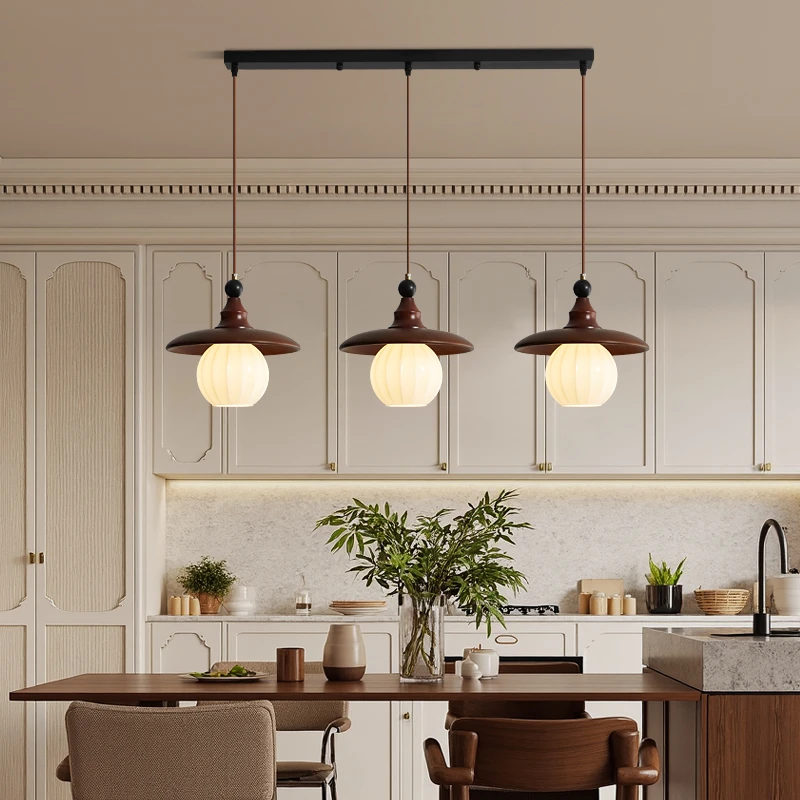 中古风餐厅吊灯三头复古胡桃色饭厅餐桌灯法式艺术氛围茶室吧台灯