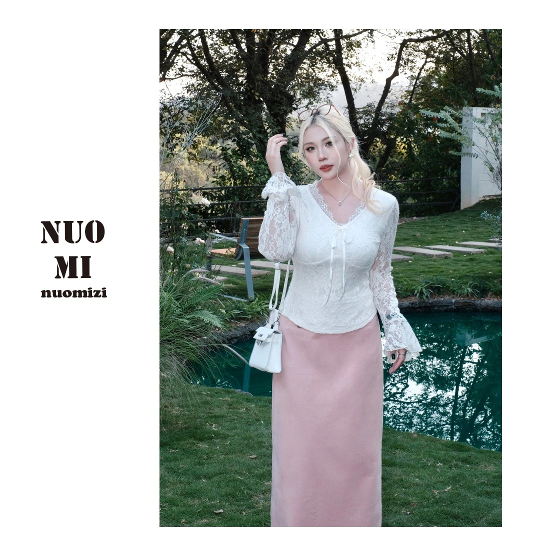 ZOZ糯米子[蕾丝密语]法式蕾丝t恤女秋冬季加绒喇叭袖显瘦打底上衣