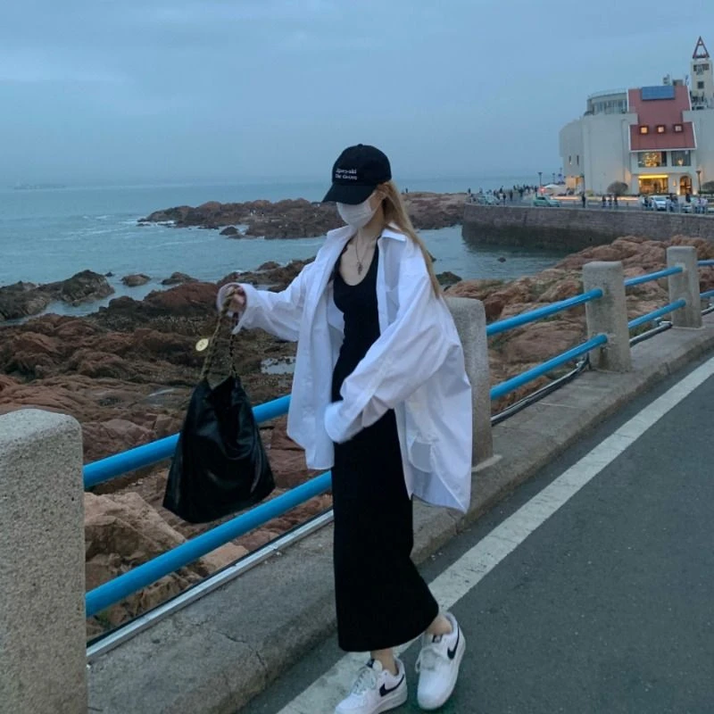 新款休闲男友风宽松大版长袖白色衬衫女防晒上衣中长款慵懒风外套