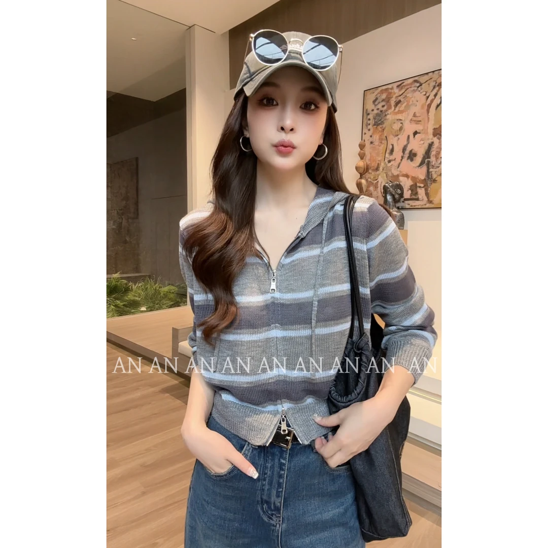 C08111初秋新款时尚潮流百搭双头拉链撞色条纹连帽针织衫外套