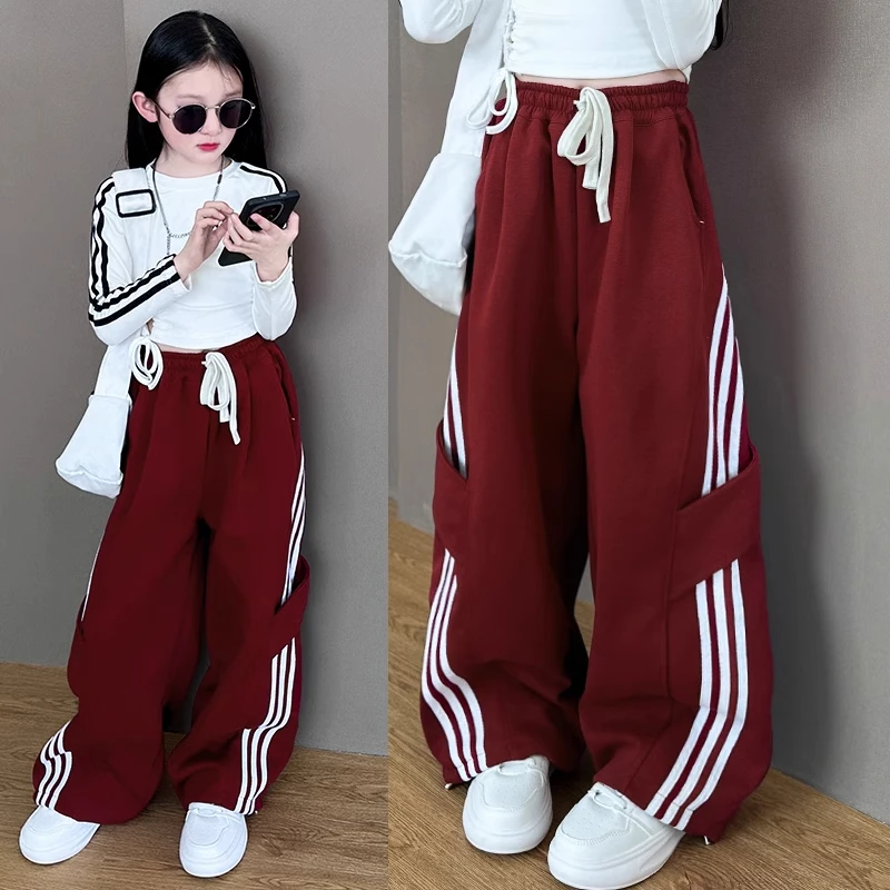 女童春季三条杠运动裤子2025新款美式潮牌儿童装大童女孩阔腿卫裤