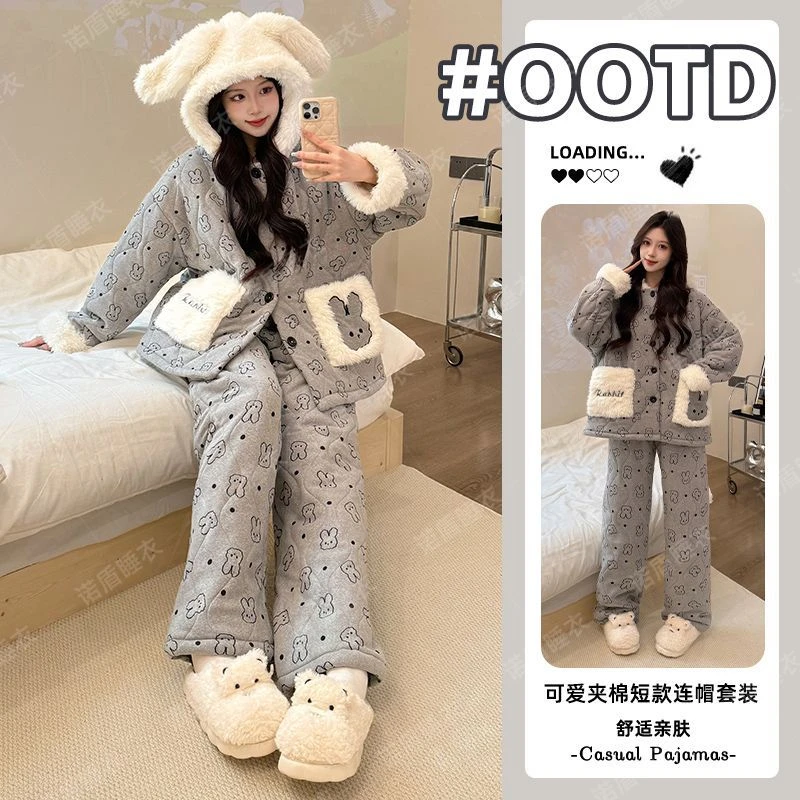 三层夹棉珊瑚绒2025冬季爆款兔子睡衣女加绒加厚柔软家居服外穿