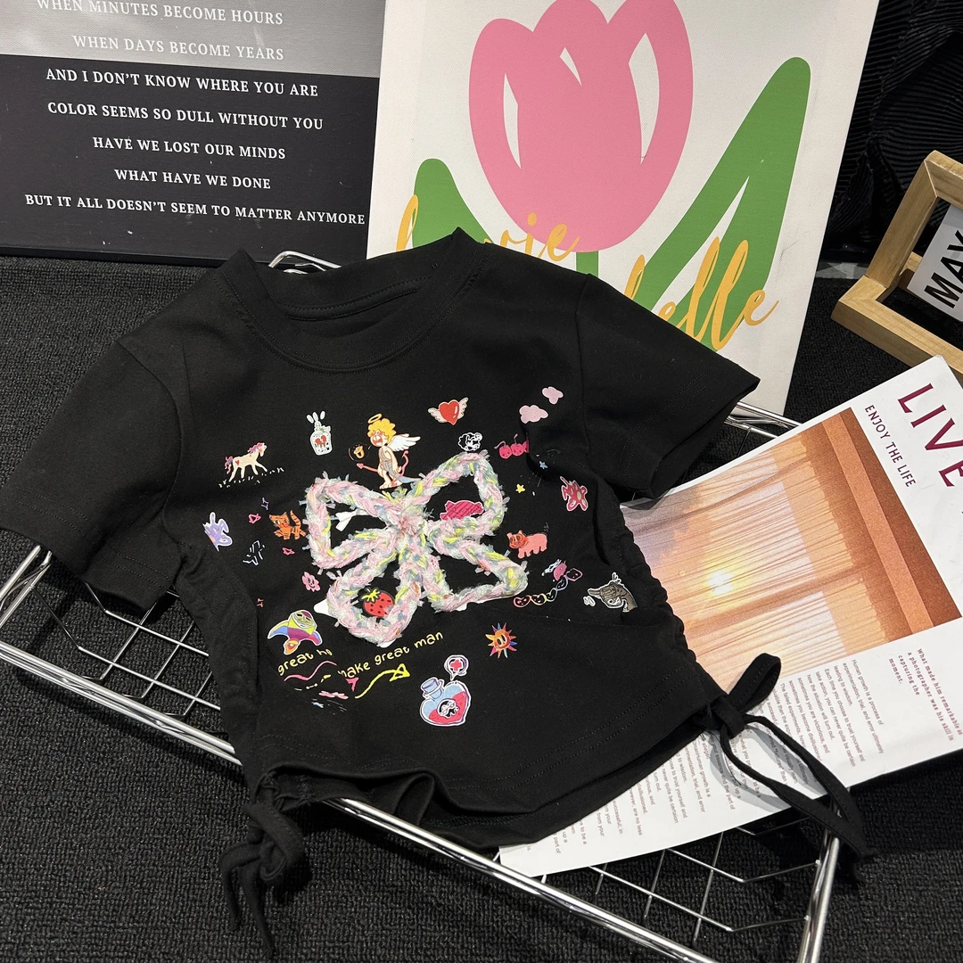 HK潮牌女孩接腰T恤创意图案短款内搭大女童打底衫可爱35113