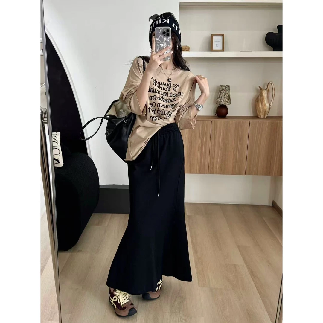 SP 黑色抽绳休闲卫裙半身裙女秋冬设计感系带休闲鱼尾裙高腰长裙