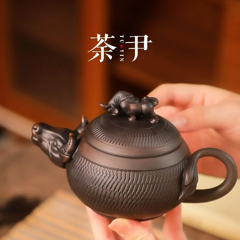 紫陶跳刀泡茶壶手工大容量茶壶牛气冲天陶瓷茶具冲茶器复古中式