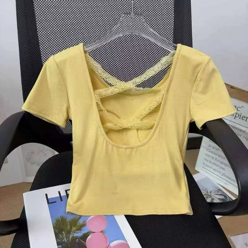 珊珊家大码蕾丝美背镂空短袖气质修身显瘦带胸垫打底上衣