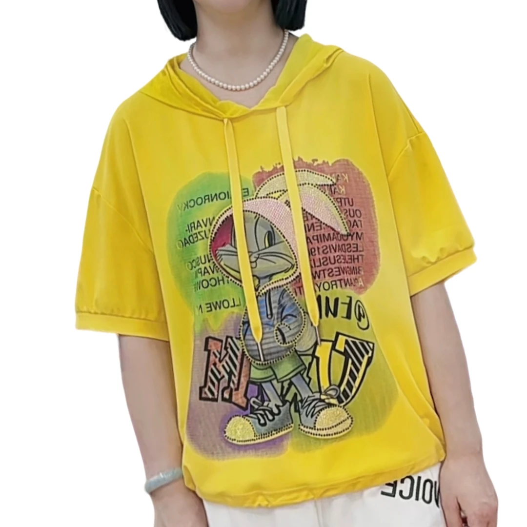 【洋玉服饰】欧韩时尚2025新款兔子亮钻防晒帽宽松显瘦百搭短袖T恤