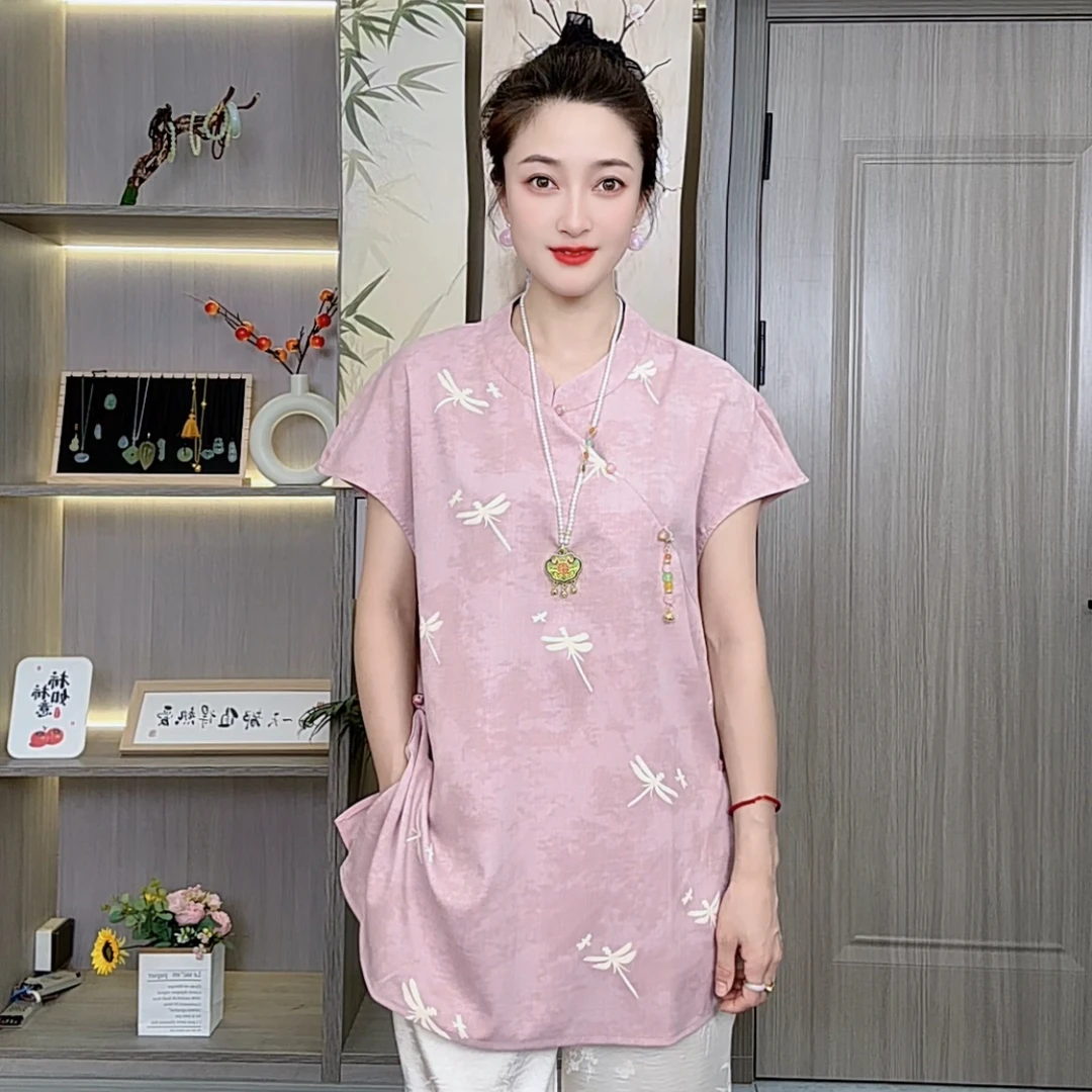 新中式夏季大码女装复古中国风时尚侧开衩立领T恤