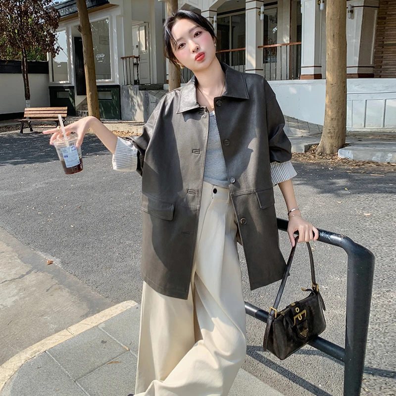 咖色pu皮风衣外套女春秋中长款2025新款小个子气质机车服夹克大衣