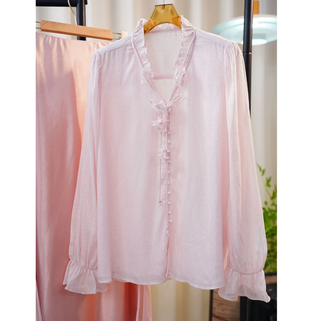 如痴如醉--飘带花边重工银丝设计100桑蚕丝衬衣