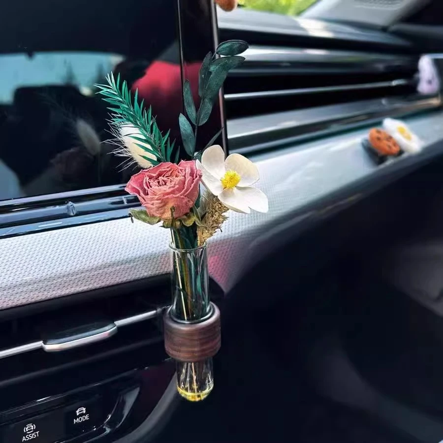 胡桃木插花器出风口花瓶车载花瓶中控台摆件出风口香薰车载绿植