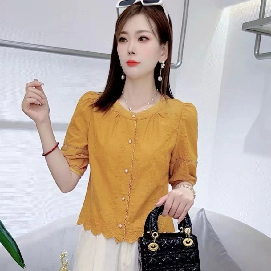 [有运费险]夏季新款圆领花边中袖衬衫女时尚洋气减龄百搭显瘦上衣