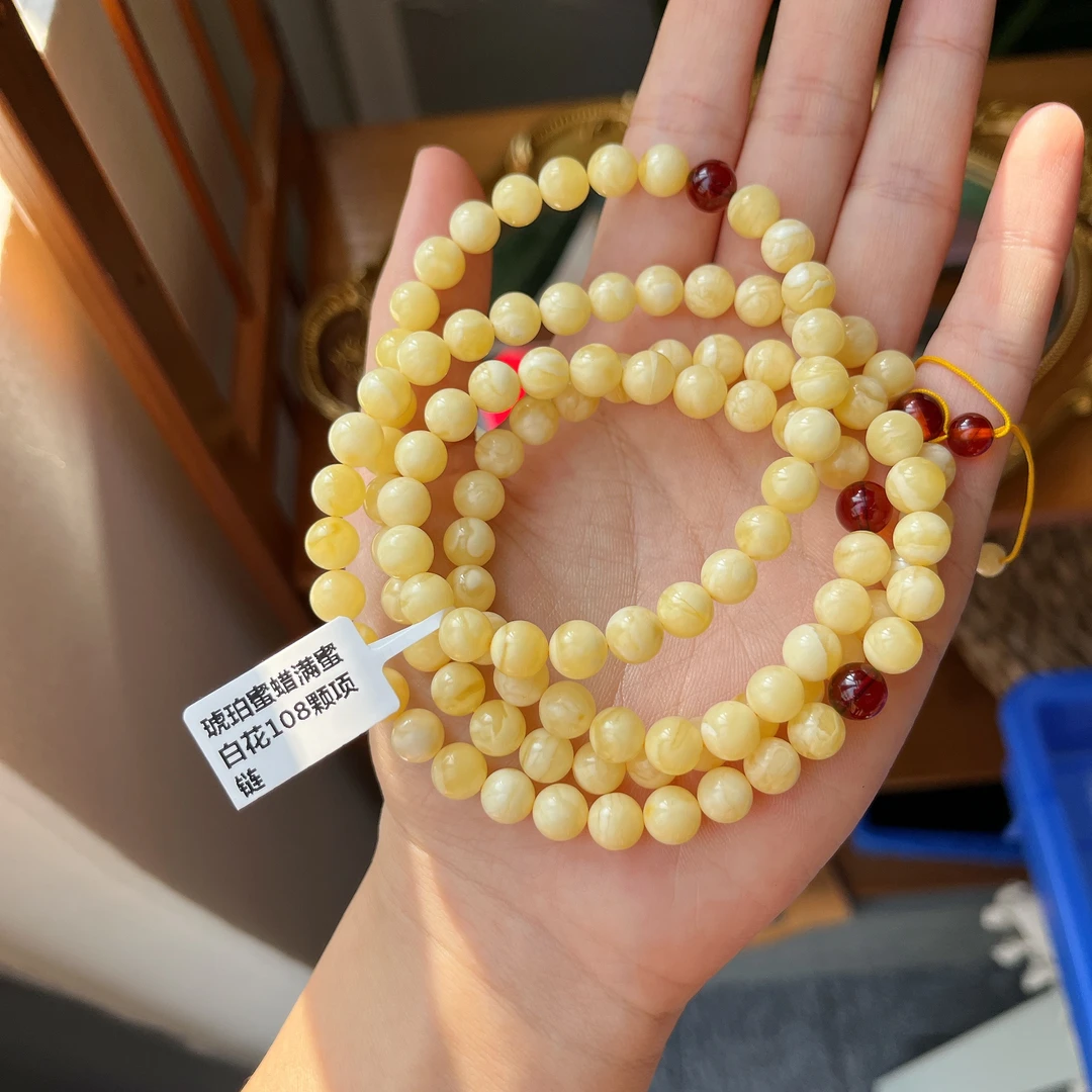 【郭老师】约7.5-8mm琥珀蜜蜡满蜜白花108颗项链