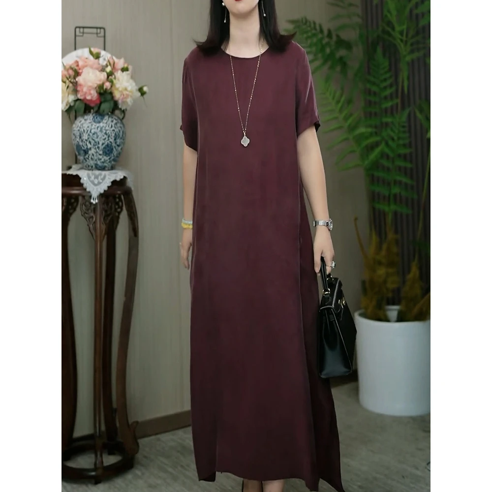 时尚简约休闲风宽松大码直筒裙女2025夏季新款洋气显瘦圆领连衣裙