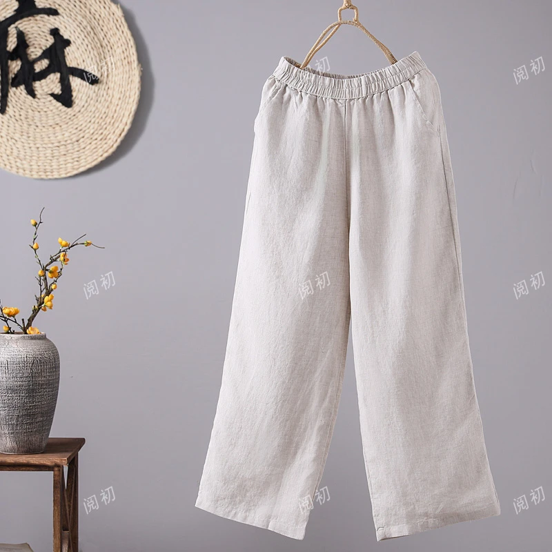 阅初  2025新款夏季纯亚麻高腰宽松设计纯色百搭垂感直筒长裤薄款
