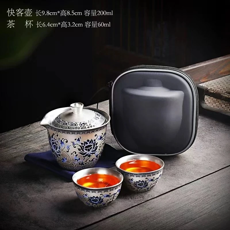 青花缠枝莲高端鎏银手抓壶茶具套装5961