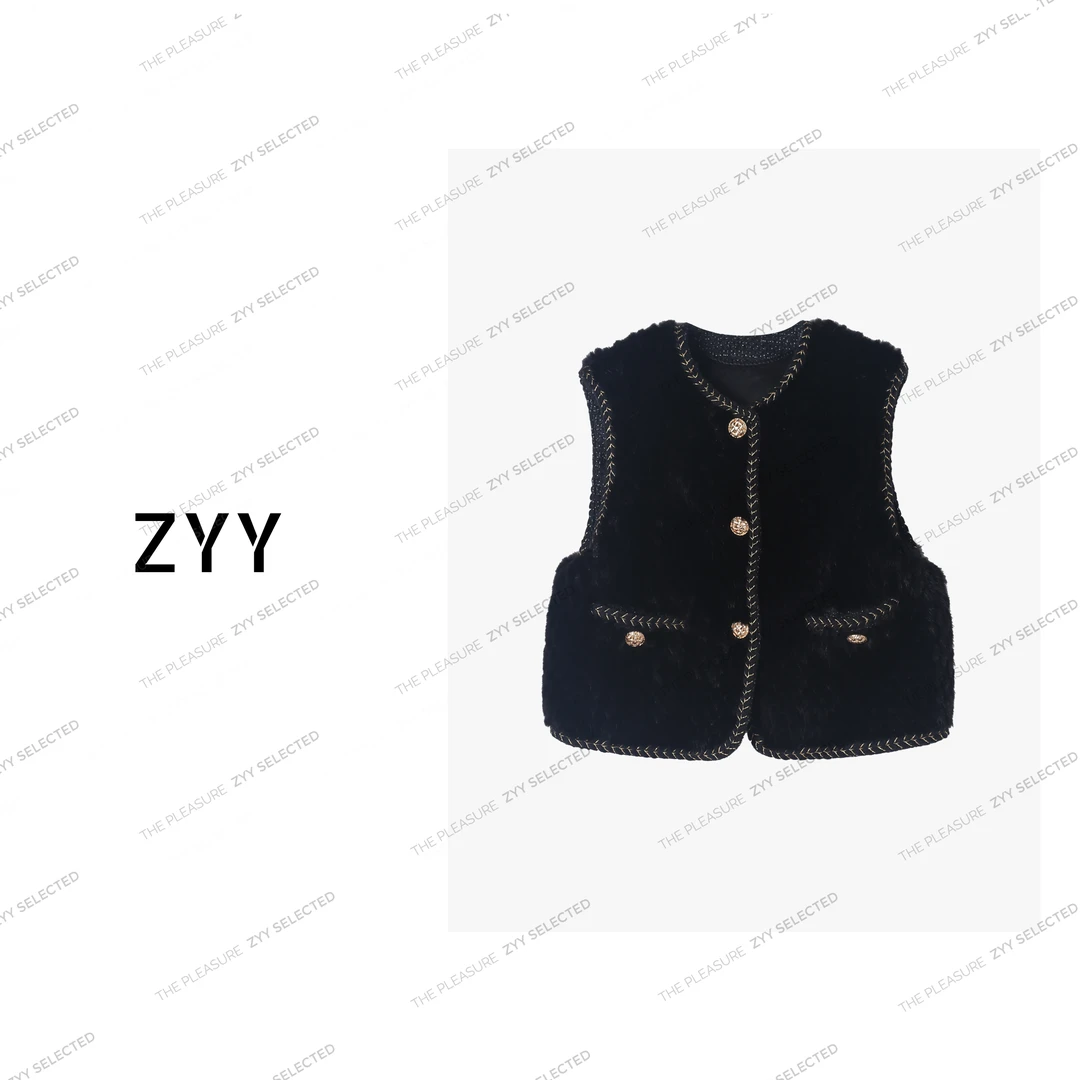 ZYY【暖域漫游】2025S/S新品小香风进口水貂设计感马甲X25QMJ04225