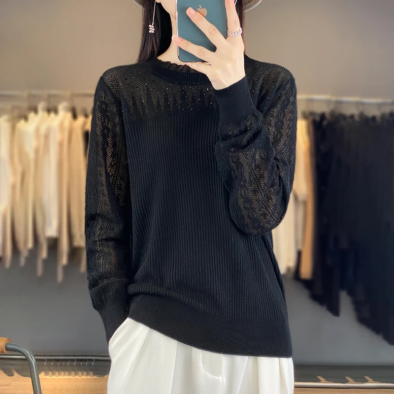 哥弟阿玛施正品秋冬季羊毛外搭蕾丝烫钻木耳领圆领宽松时尚百搭