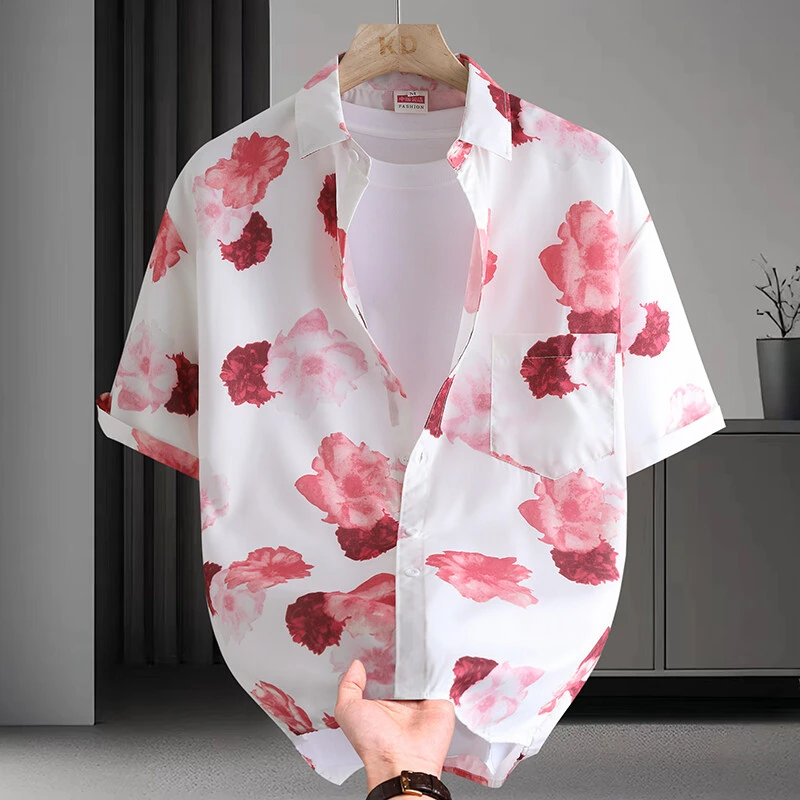 夏季复古花衬衫男士高级感痞帅垂感冰丝衬衣短袖2025新款上衣男装