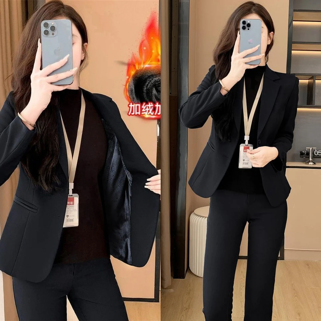 秋冬加绒加厚保暖西装外套冬季小个子职业套装加厚工装工作服套装