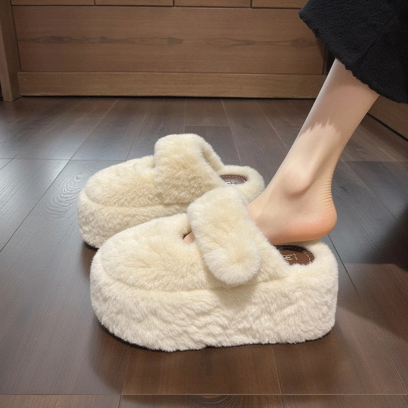 兔毛绒包头毛毛高跟拖鞋女外穿冬季白色超厚底小个子8CM增高棉拖