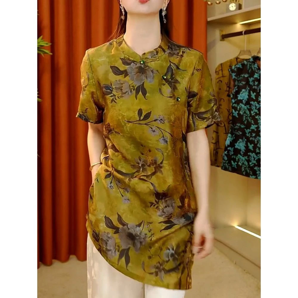 时尚气质妈妈装立领衬衫2025夏季新款国风显瘦通勤休闲百搭衬衣