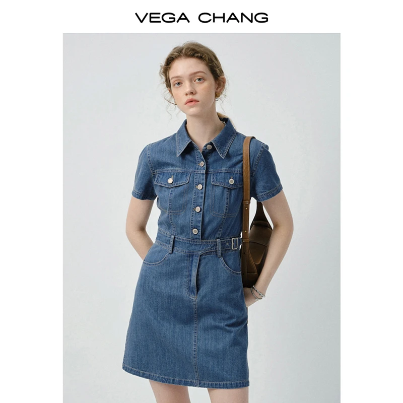 VEGA CHANG牛仔连衣裙女2025新款夏季通勤休闲可调节收腰百搭短裙