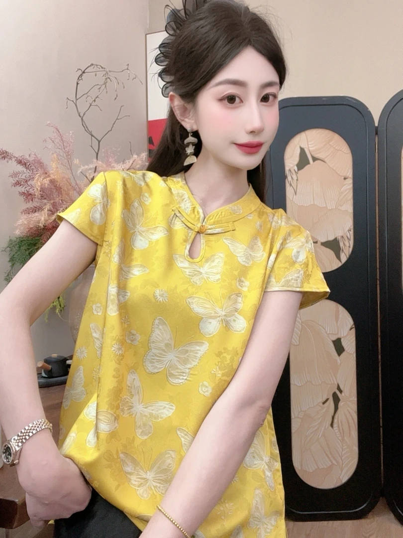 【悦蝶】夏季薄款百搭显瘦新中式短袖女日常时尚气质宽松提花