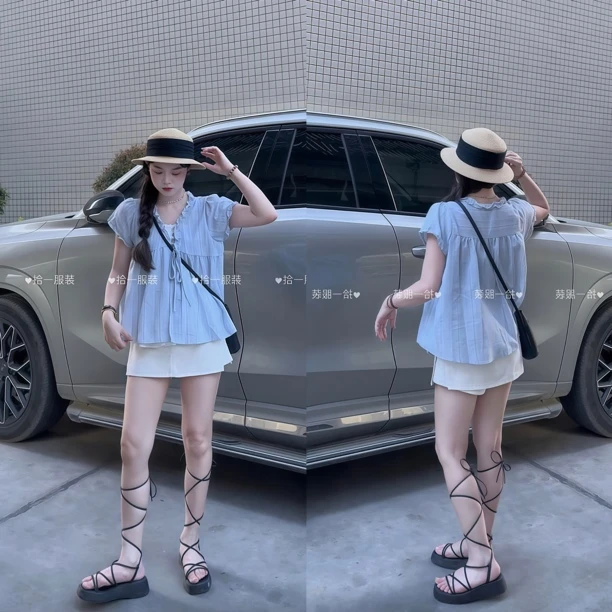 拾一 白茶少女 法式蕾丝拼接木耳边上衣