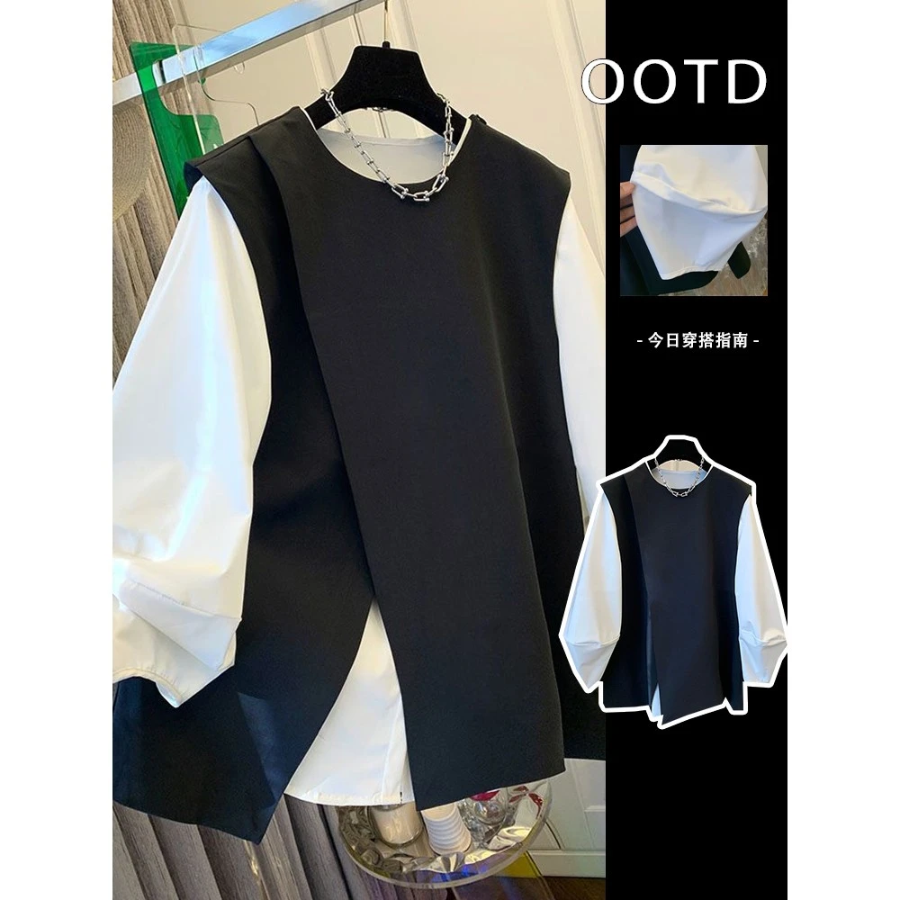 好看的百搭黑色西装背心衬衫上衣女士堆叠时尚两件套2025年春秋季