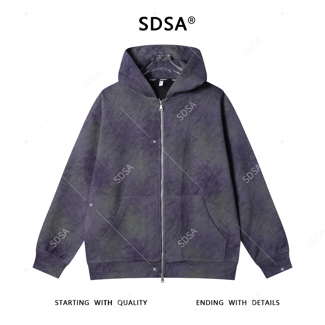 SDSA秋冬新款痞帅男装设计师磨破扎染拉链连帽卫衣百搭开衫上衣