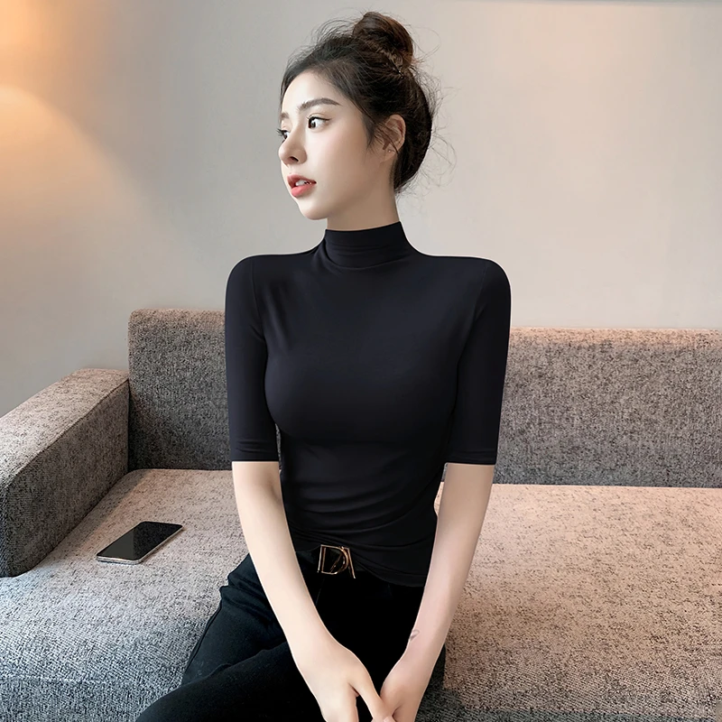 黑色半高领螺纹中袖五分袖t恤女2025夏季修身百搭高档打底上衣女