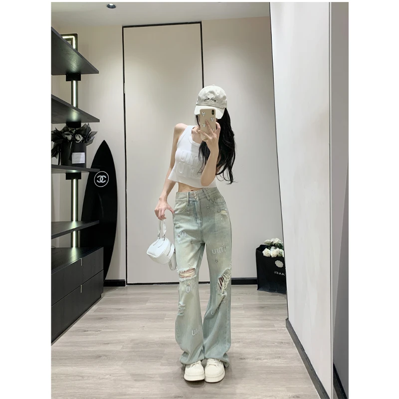 2025破洞牛仔裤女新款爆款百搭时尚修身显瘦气质设计感阔腿直筒裤