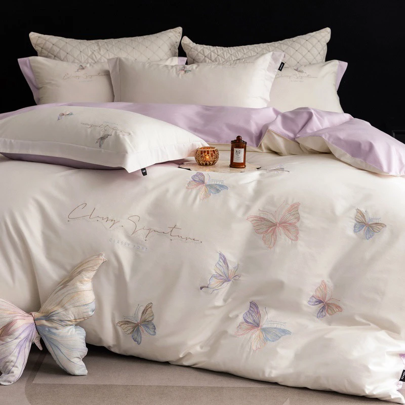 轻奢简约风纯棉蝴蝶刺绣学生拼色四件套全棉被套少女心床上四件套