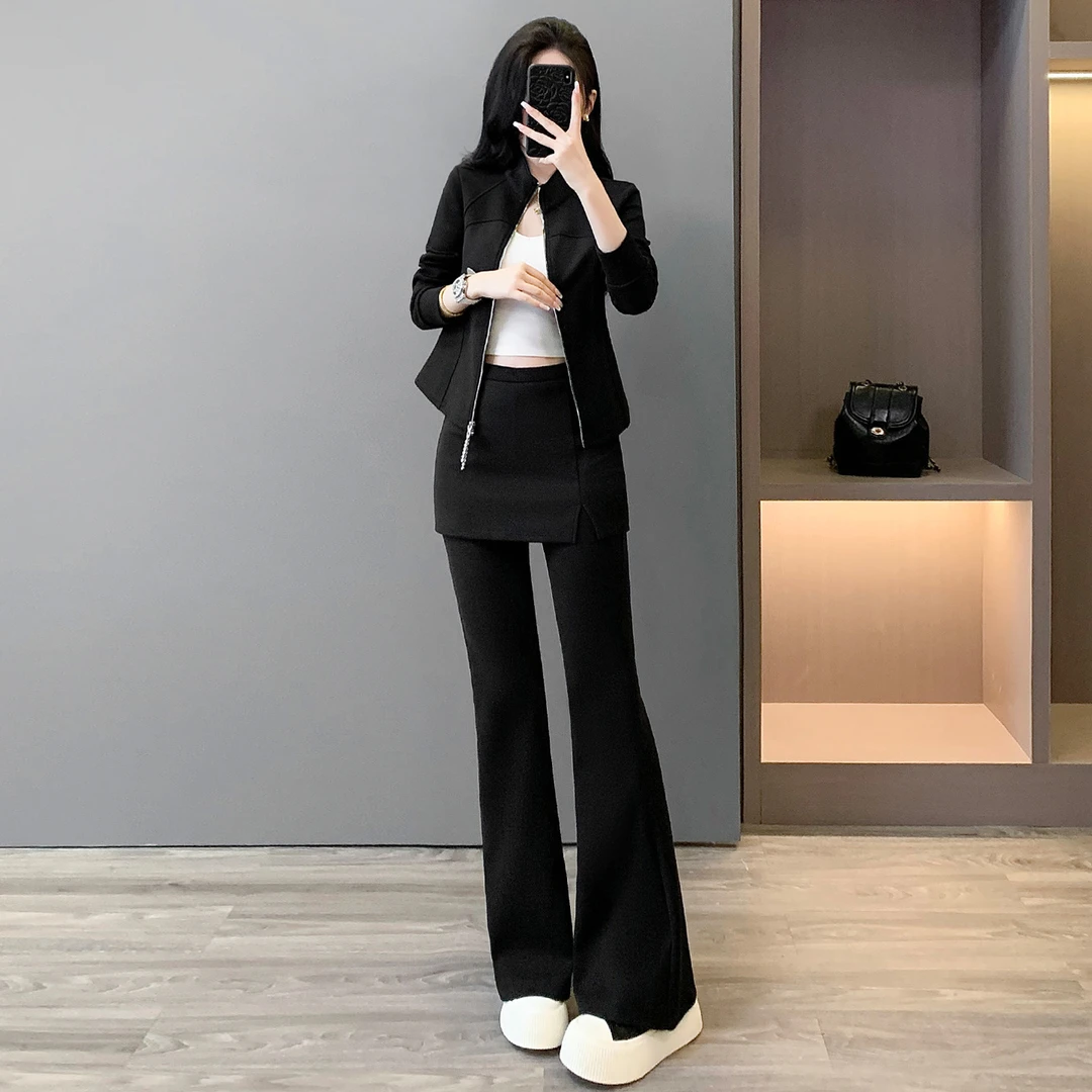 炸街爆款休闲运动套装女秋新款黑色立领卫衣假两件微喇长裤两件套