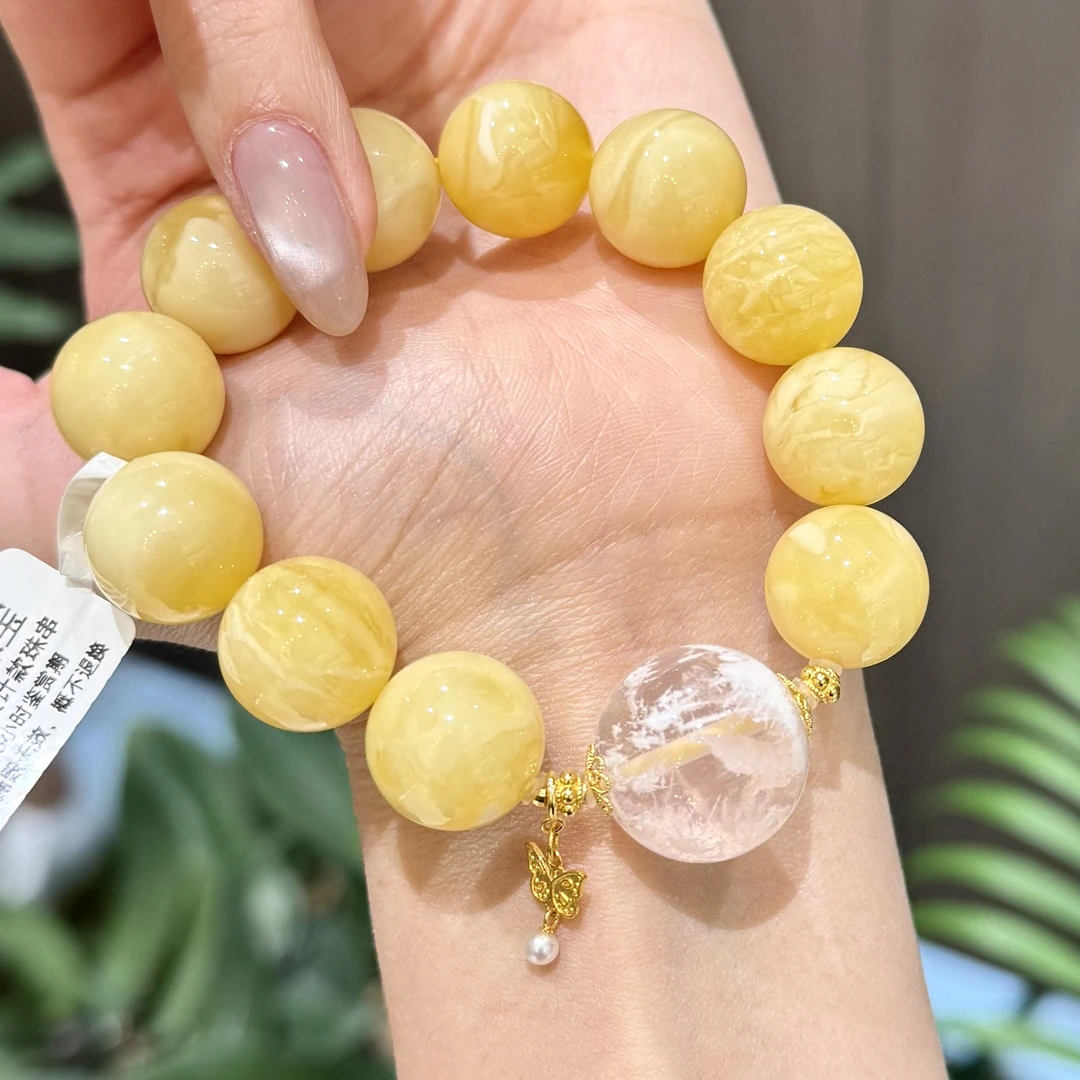 【裕凰珠宝】天然蜜蜡手串15mm+精品俄料白花蜡蜜蜡手串粉幽灵手串