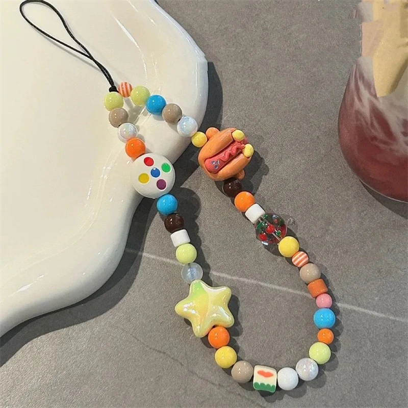 原创自制-吃货新款可爱手机链diy串珠ccd挂绳挂饰相机挂件防丢绳