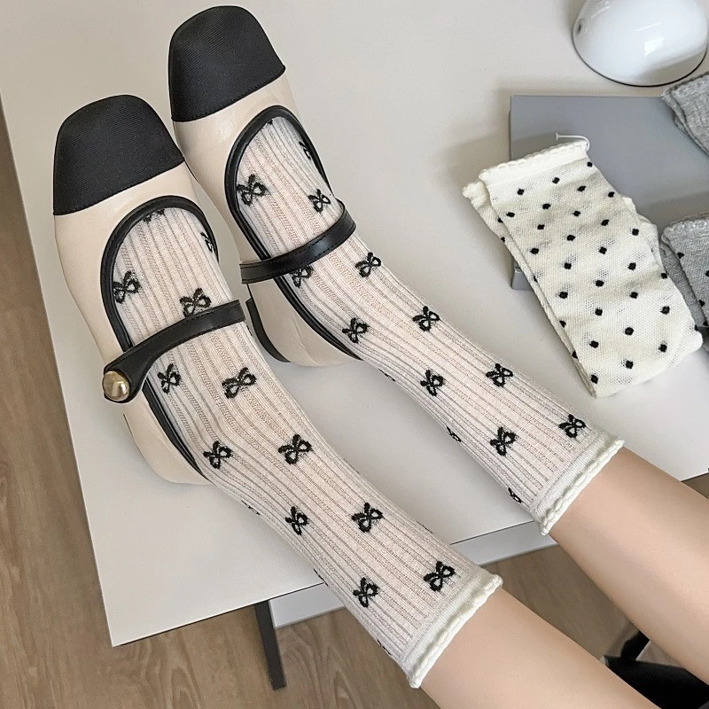 镂空日系miu系芭蕾风堆堆袜子女中筒袜 夏季薄款网眼蝴蝶结波点袜