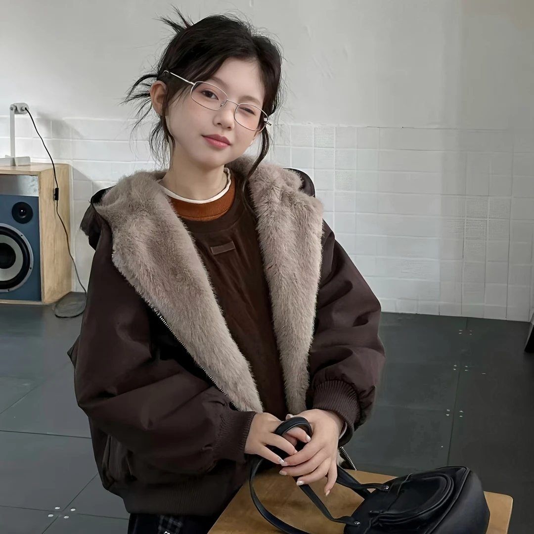 女童冬装加厚外套童装新款女孩仿貂毛皮草连帽保暖双面穿派克服潮