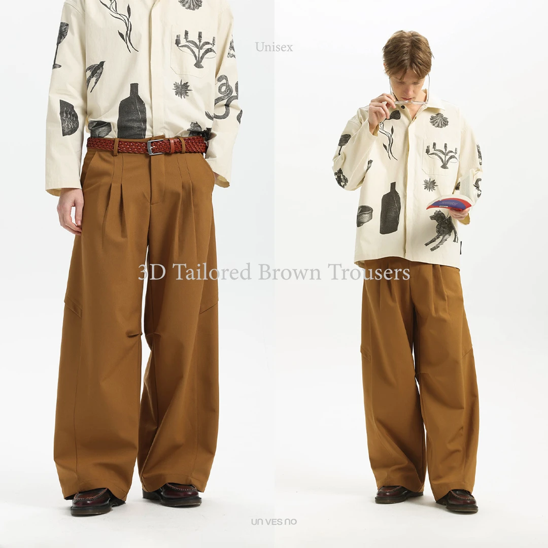 Unvesno(UN)25春夏复古金棕色立体剪裁分割弯刀廓形休闲宽松西裤