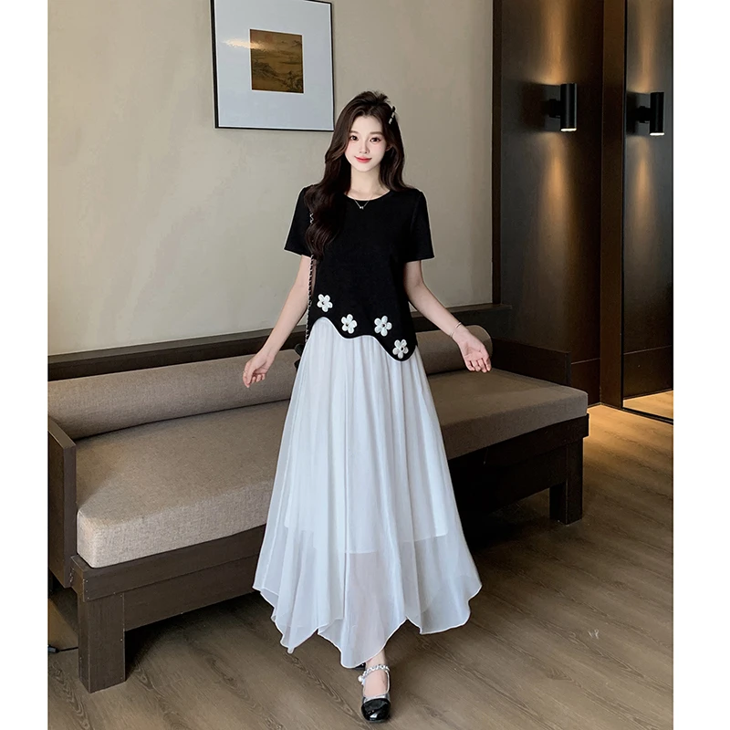 2025夏季胖mm大码女设计感花朵不规则短袖上衣半身裙A2068+22777