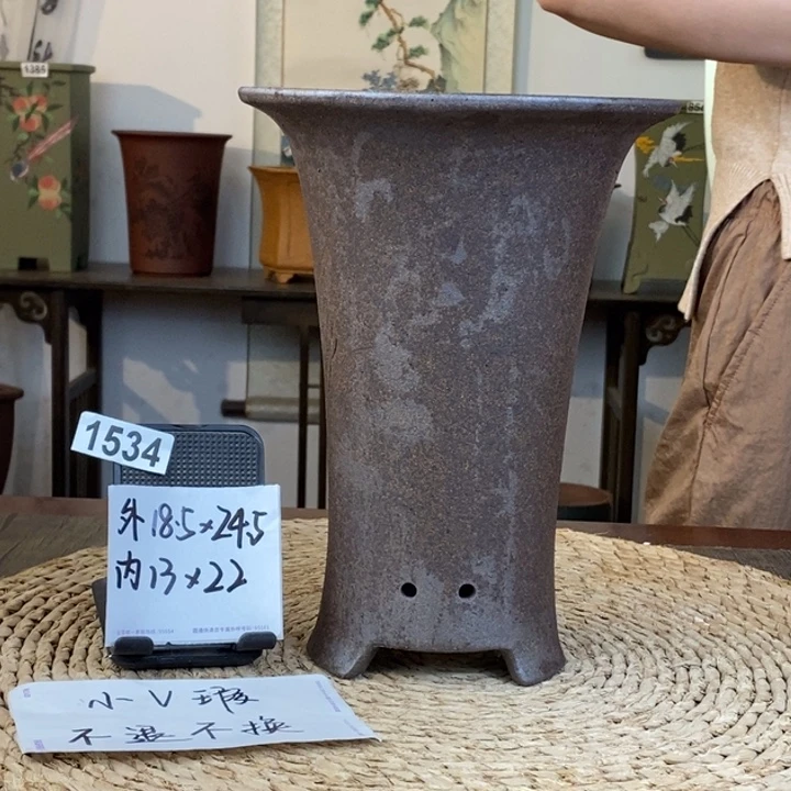 紫砂花盆   微微瑕紫泥高温刻绘兰花盆1534