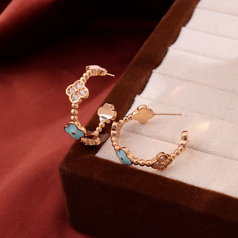 铜合金耳饰 《货号9555》珐琅滴釉四叶花耳圈耳环