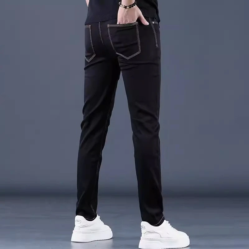 高端春夏新款时尚百搭黑色牛仔裤男款修身小脚弹力帅气男士裤子潮