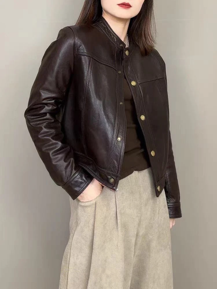 2025时尚都市油蜡植鞣头层绵羊皮外套女短款气质百搭春秋新款外套