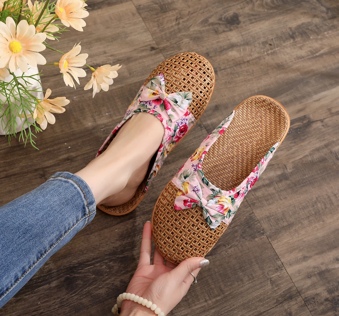 【外贸原单】日式藤席包头蝴蝶结居家凉拖2025新款夏季复古外穿凉拖