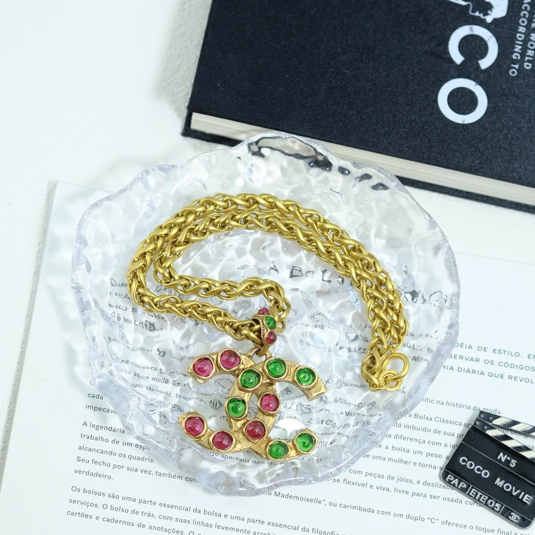 95新 Chanel/香奈儿 泡泡中古Chanel红绿琉璃双C项链