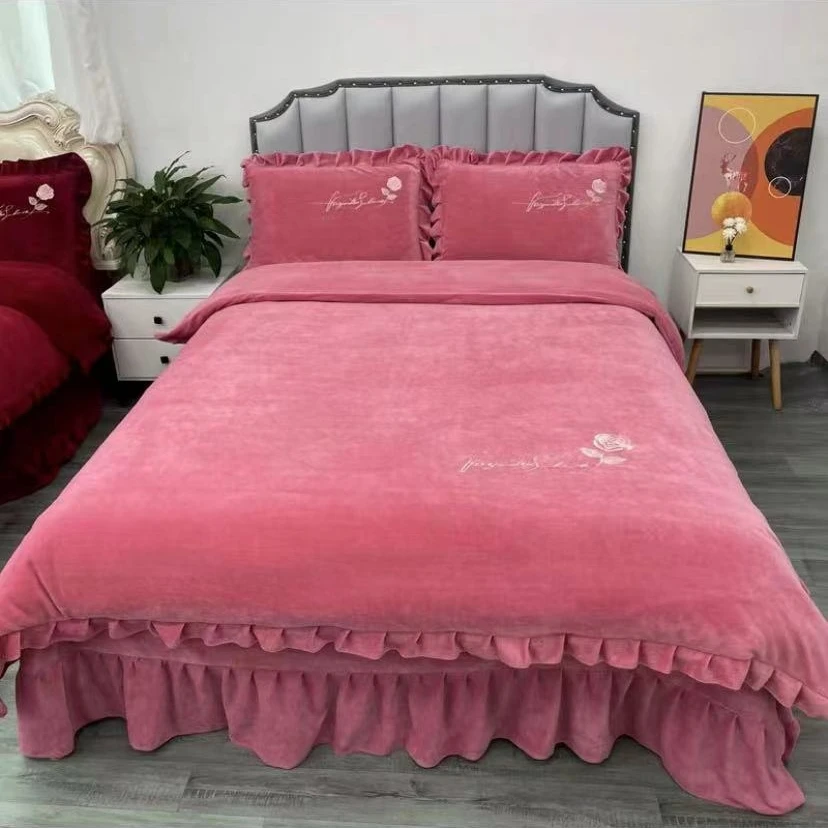 水星新家纺秋冬季高端加厚牛奶绒床上四件套法兰珊瑚绒被套床裙