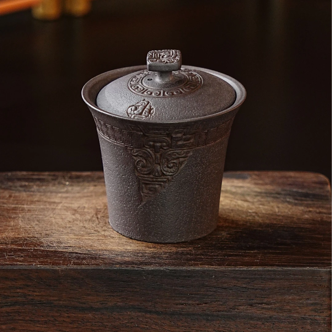 【2954青铜盖杯】宜兴原矿紫砂 手工刻绘